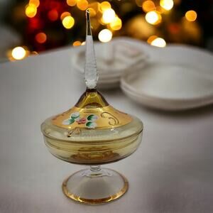 Bohemian Czech Gilded Art Glass Candy Dish Pedestal Design Amber Gold Green VTG